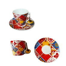 Portuguese Tile Coffee Cup Set - 2 Ceramic Cups & Saucers with Iconic Handles - Guitar, Sardine, Viana Heart