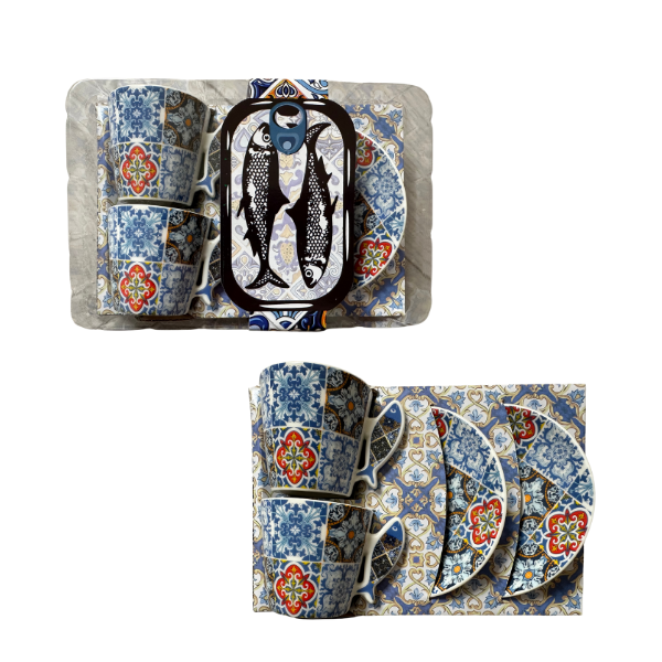 Portuguese Tile Coffee Cup Set - 2 Ceramic Cups & Saucers with Iconic Handles - Guitar, Sardine, Viana Heart