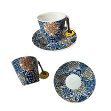 Portuguese Tile Coffee Cup Set - 2 Ceramic Cups & Saucers with Iconic Handles - Guitar, Sardine, Viana Heart